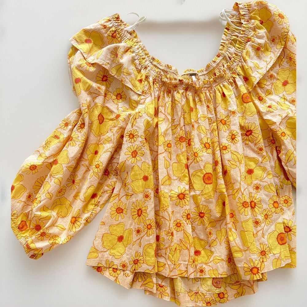 REVOLVE Free People Miss Daisy Top Womens M Ruffle Floral Yellow Cottagecore $98